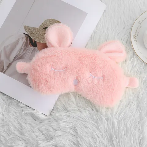 Cute Plush Rabbit Ears Sleep Mask Soft Faux Fur Blackout Eye Mask For Women Girls Travel Nap Aid Embroidered Blindfold Pink