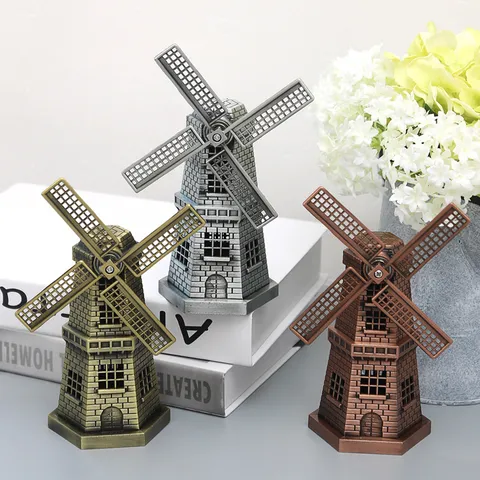European Vintage Metal Windmill Model Desktop Ornament Alloy Home Decor Crafts Living Room Office Table Decoration