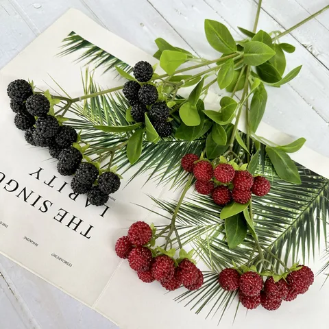 Artificial Plastic Wild Fruit Branch Long Stem Fake Berries Green Leaves Home Living Room Flower Arrangement