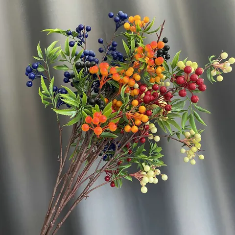 Artificial Flower Branch Fake Berries Bamboo Leaves Plastic Floral Stem For Home Wedding Floral Arrangement