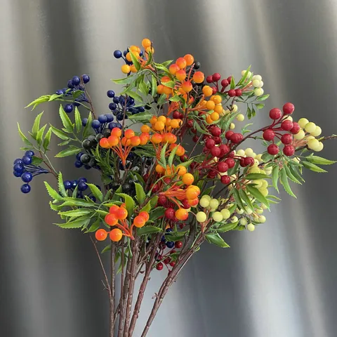 Artificial Flower Branch Fake Berries Bamboo Leaves Plastic Floral Stem For Home Wedding Floral Arrangement