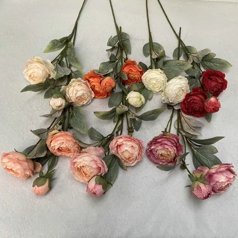 Flores Artificiales de Peonía 3 Cabezas Pintura al Óleo Rama de Peonía de Seda Para Boda Hogar Hotel Fiesta Decoración Floral