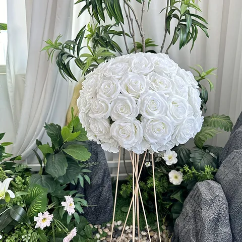 Blanc Artificiel Soie Rose Fleur Boule Mariage Route Guidance Hôtel Toile de Fond Décor Fait Main Faux Floral Fête Arrangement