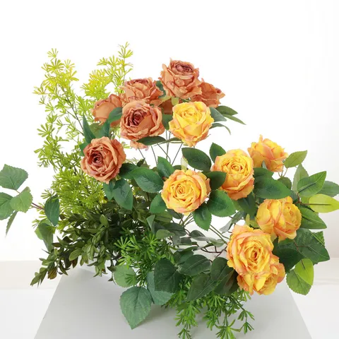 Multi Kopf Künstliche Rosen Blumen Strauß Gebürstete Verbrannte Kante Falsche Rosen Für Zuhause Hochzeit Party Fenster Display Dekoration