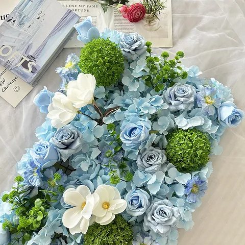 Light Blue Artificial Flower Wall Panel Silk Rose Hydrangea Flowers Background For Wedding Party Hotel Home Wall Decor