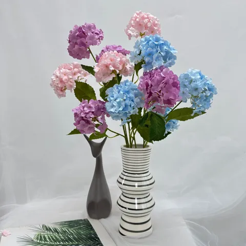 Artificial Hydrangea Flower Bouquet Silk 4-Heads Faux Flowers for Home Living Room Wedding Decor Floral Arrangement