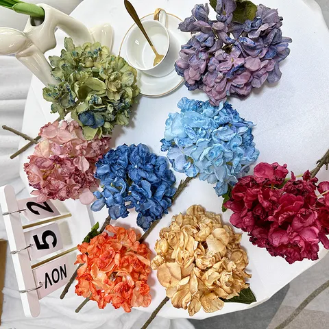 European Retro Artificial Silk Hydrangea Single Branch Burned Edge Fake Flower For Home Wedding Party Decoration