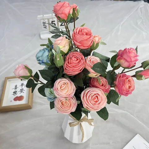 Artificial Silk Rose Flower Branches 5 Heads Pearl Roses Fake Flowers For Wedding Home Party Decor Floral Arrangements
