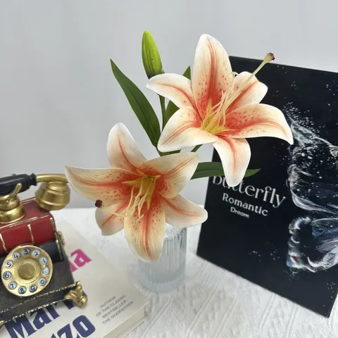 Artificial Lily Flower Arrangement With Glass Vase Two Head Soft Rubber Fake Flowers For Wedding Home Decor Table Centerpieces