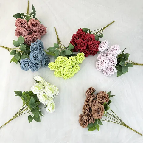 Artificial Silk Rose Flower Bouquet 9 Heads Diamond Rose Fake Flowers For Wedding Hall And Home Decoration
