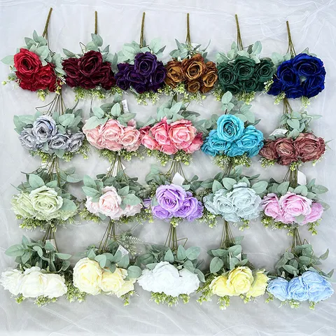 Artificial Silk Rose Flower Bouquet Handmade Fake Rose Branches For Wedding Venue Home Decoration Photography Props