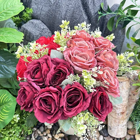 Artificial Silk Rose Flower Bouquet Handmade Fake Rose Branches For Wedding Venue Home Decoration Photography Props