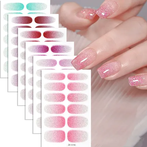 Pegatinas de Uñas Postizas con Brillo Degradado Impermeables Envolturas de Uñas de Cobertura Completa Lindas Pegatinas de Arte de Uñas con Lima de Uñas