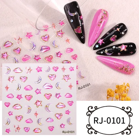 Pegatinas de Arte de Uñas de Gel Suave en Relieve 5D Estrella Luna Corazón Floral Calcomanías Adhesivas Transparentes Decoraciones de Manicura DIY