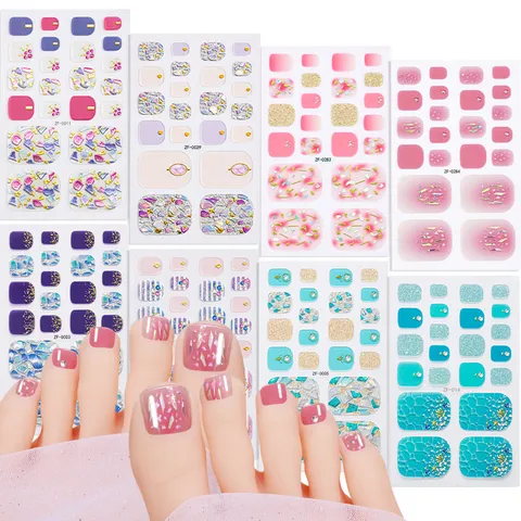 Summer 3D Rhinestone Toe Nail Stickers Blue Beach False Toenails Plastic Adhesive Nail Art Patches For Women Party Decor