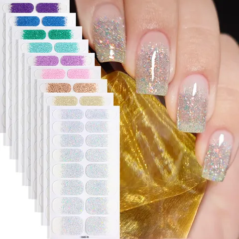 Adhesivos para Uñas de Brillo Degradado Envolturas Adhesivas de Esmalte con Lima de Uñas Pegatinas Brillantes de Arte de Uñas para Mujeres