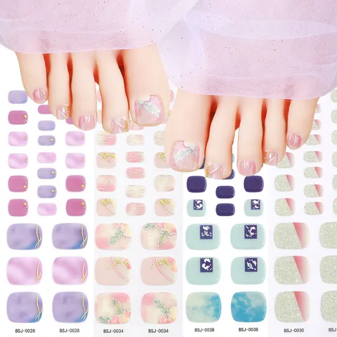 Envolturas de Gel Semicurado para Uñas de los Pies Degradado Brillo Floral Press On Toenails Tiras de Gel UV Pedicura