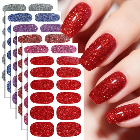 Pegatinas de Uñas con Purpurina Impermeables Cobertura Completa Brillantes Calcomanías de Arte de Uñas Tiras de Manicura DIY para Mujer