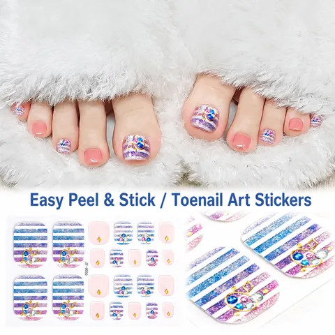 Summer 3D Rhinestone Toe Nail Stickers Blue Beach False Toenails Plastic Adhesive Nail Art Patches For Women Party Decor
