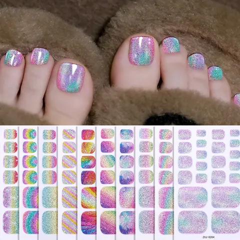 Gradient Glitter Aurora Toenail Stickers Cute French Style Press On Nails Full Cover Waterproof Artificial Nail Art Tips For Women