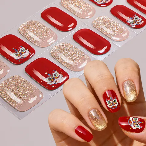Wrap per Unghie in Gel Danza del Leone di Capodanno Festivo Rosso Oro Glitter Adesivi per Unghie Senza UV Kit Manicure Donna