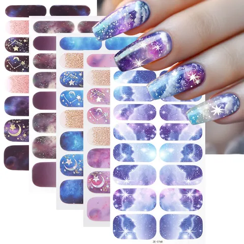 Estampado en Caliente Cielo Estrellado Luna Purpurina Pegatinas de Uñas Impermeables Degradado Púrpura Envoltorios de Uñas