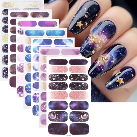 Estampado en Caliente Cielo Estrellado Luna Purpurina Pegatinas de Uñas Impermeables Degradado Púrpura Envoltorios de Uñas