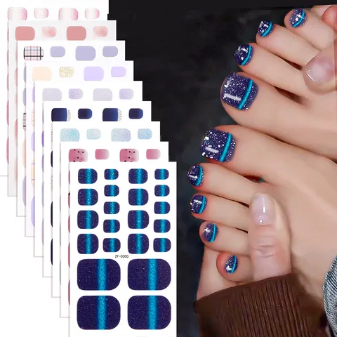 Gradient Glitter Toe Nail Wraps Waterproof Full Cover Press On Toenails For Women