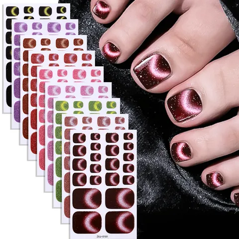 Pegatinas Minimalistas de Uñas de los Pies con Brillo de Ojo de Gato Impermeables Uñas Postizas con Lima para Mujeres