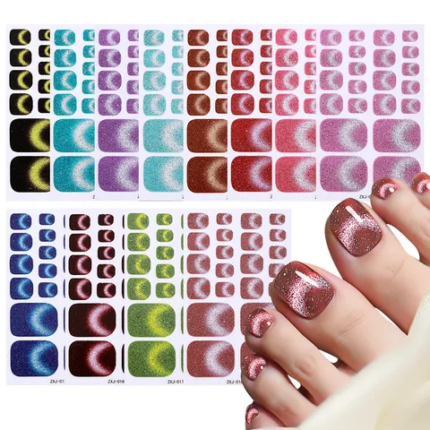 Pegatinas Minimalistas de Uñas de los Pies con Brillo de Ojo de Gato Impermeables Uñas Postizas con Lima para Mujeres