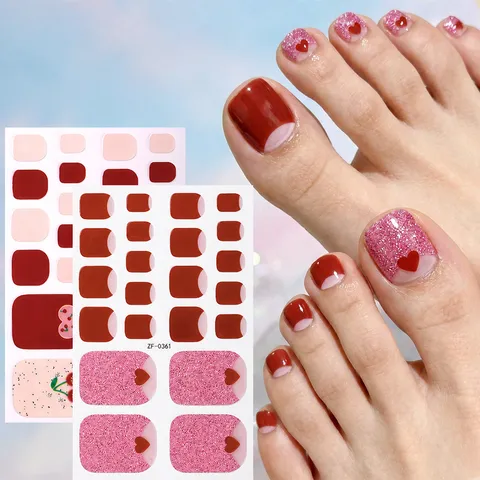 Carino Rosa Floreale Amore Unghie dei Piedi Avvolge Impermeabile Glitter Gel Strisce Unghie dei Piedi Pezzo Nudo Con Lima per Unghie Adesivi