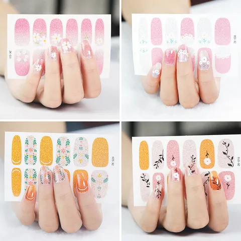 Adhesivos de Uñas con Glitter Degradado Impermeables Envoltorio Completo Calcomanías de Margaritas Accesorios de Manicura