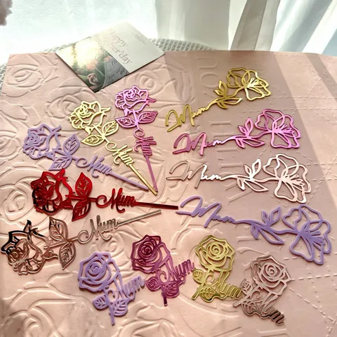 Cake Topper de Acrílico para el Día de la Madre Flor de Rosa Mum Inserto de Pastel Decoración de Horneado Espejo Dorado Artículos de Fiesta