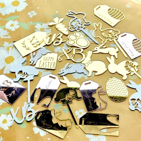 Acrylic Easter Cake Topper Happy Easter Rabbit Egg Cupcake Toppers Mirror Gold Rose Gold Party Decor Hanging Pendant Craft Supplies