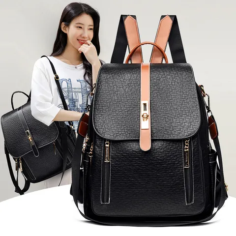 Vintage Leder Anti-Diebstahl Rucksack Für Damen Große Kapazität Lässige Reisen Umhängetasche Multifunktionale Studenten Schultasche Schwarz Braun