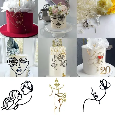 Minimalist Acrylic Abstract Female Face Lines Cake Topper Ins Style Butterfly Flower Outline Silhouette Baking Decoration Insert For Birthday Party