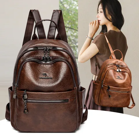 Genuine Leather Backpack Women Vintage Oil Wax Shoulder Bag Multi Pocket Waterproof Casual Travel Daypack School Schoolbag