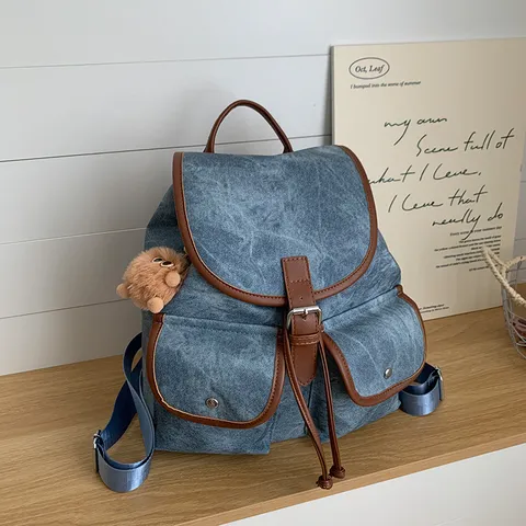Vintage Denim Suede Women's Backpack Korean Casual Drawstring Rucksack With Double Pockets For School Travel College Bag