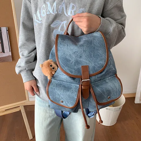 Vintage Denim Suede Women's Backpack Korean Casual Drawstring Rucksack With Double Pockets For School Travel College Bag