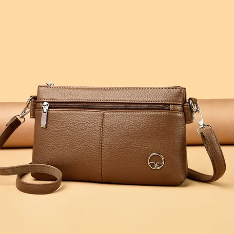 Borsa a Tracolla da Donna in Vera Pelle a Doppio Busta Piccola Borsa per Cellulare Tinta Unita Borsa a Spalla Quotidiana