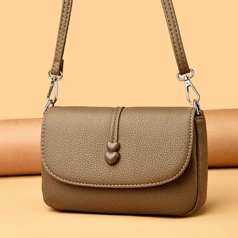 Fashion Women Leather Small Square Bag Double Heart Button Cowhide Texture Crossbody Cell Phone Bag Gift For Mom Handbag