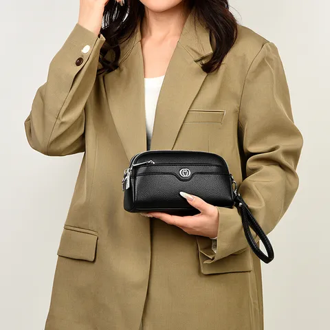 Women Genuine Leather Mobile Phone Bag Dual Layer Shell Clutch Purse With Silver Heart Decor Handheld Shoulder Bag
