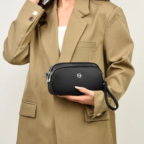 Borsa a Tracolla Piccola in Vera Pelle con Grana Litchi da Donna Pochette per Cellulare Multistrato a Tre Scomparti Regalo Mamma