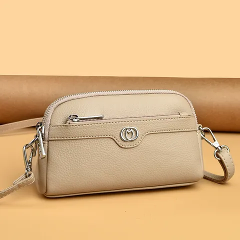 Women Genuine Leather Mobile Phone Bag Dual Layer Shell Clutch Purse With Silver Heart Decor Handheld Shoulder Bag