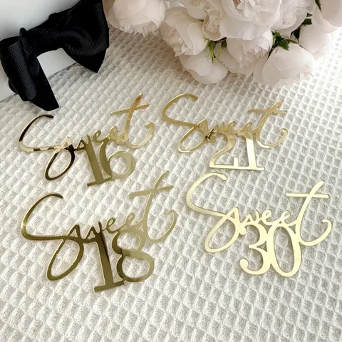 Gold Mirror Acrylic Cake Topper Sweet 16 18 21 30 Birthday Party Decoration Elegant Number Cake Inserter For Celebrations