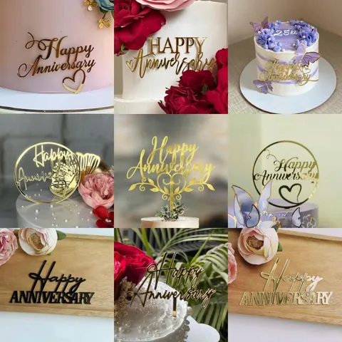 Acrylic Happy Anniversary Cake Topper Elegant Lettering Mirror Gold Black Dessert Table Ornament Party Decoration Decor