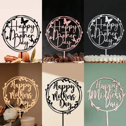 Acrylic Happy Mothers Day Cake Topper Hollow Wreath Butterfly Heart Design Festive Party Baking Cake Decoration Dessert Ornament