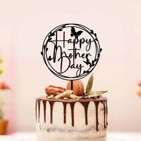 Acrylic Happy Mothers Day Cake Topper Hollow Wreath Butterfly Heart Design Festive Party Baking Cake Decoration Dessert Ornament