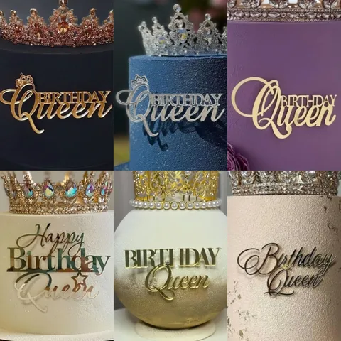 Acrylic Happy Birthday Queen Cake Topper With Rhinestone Crown Ins Style Mirror Gold Silver Birthday Party Cake Side Decor