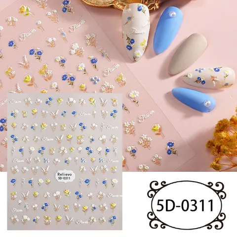Pegatinas de Uñas de Flores de Margaritas Relieve 5D Adhesivos Florales Lindos Decoraciones de Manicura DIY para Mujeres